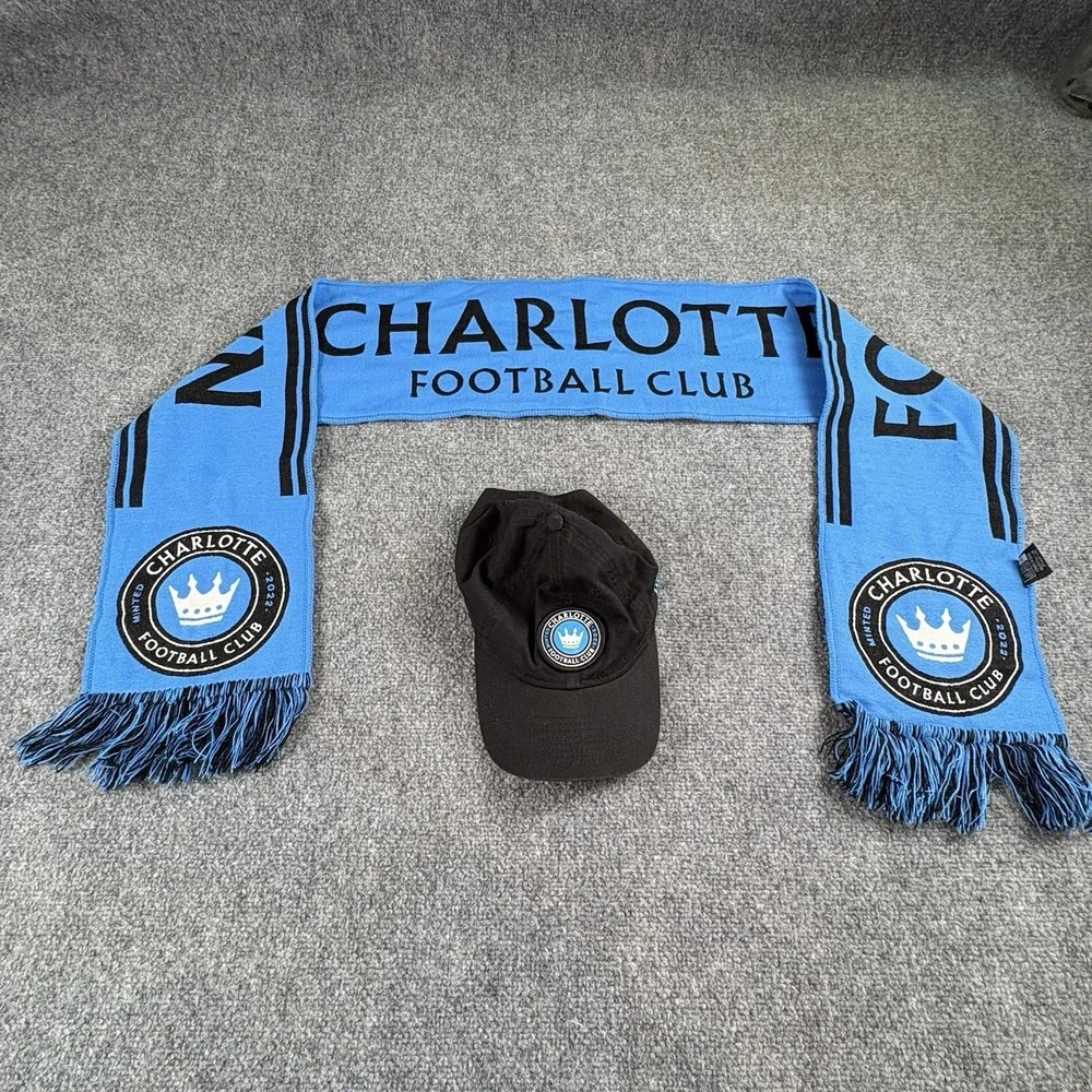 Charlotte FC New Era Hat & Ruffneck Scarf Set Black Blue MLS Soccer Adjustable